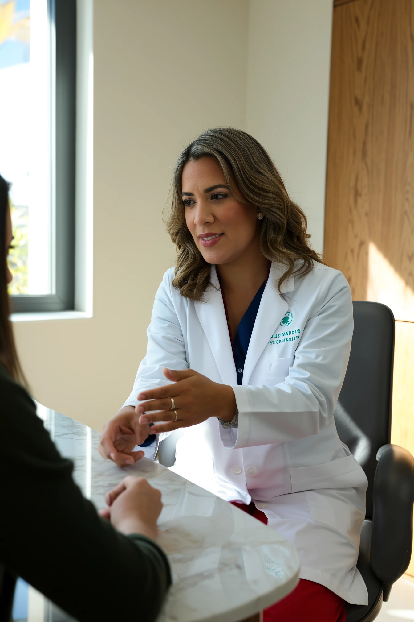 Professional psychiatrist Dr. Melva Reve conducting PTSD consultation in modern medical office