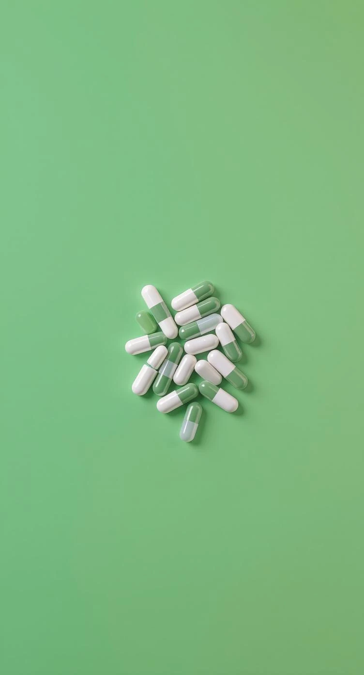 Medication capsules on green background representing psychiatric care